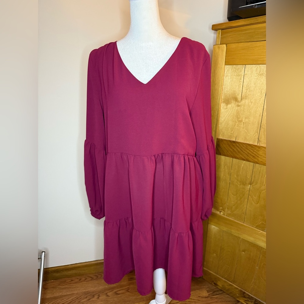 Burgundy Tiered Long Sleeve Dress Women’s Size Medium Boho Babydoll
